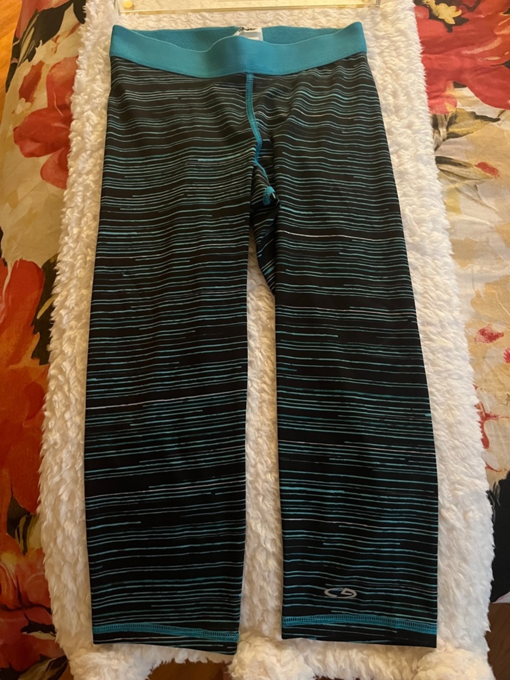 Champion Black Leggings with Teal Stripe Accents